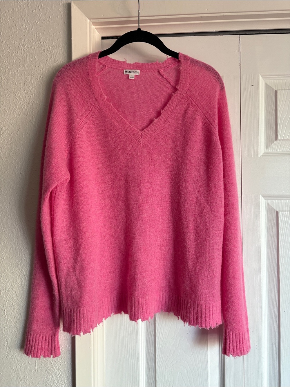 Minnie Rose Pink Distressed V Neck Cashmere Sweater